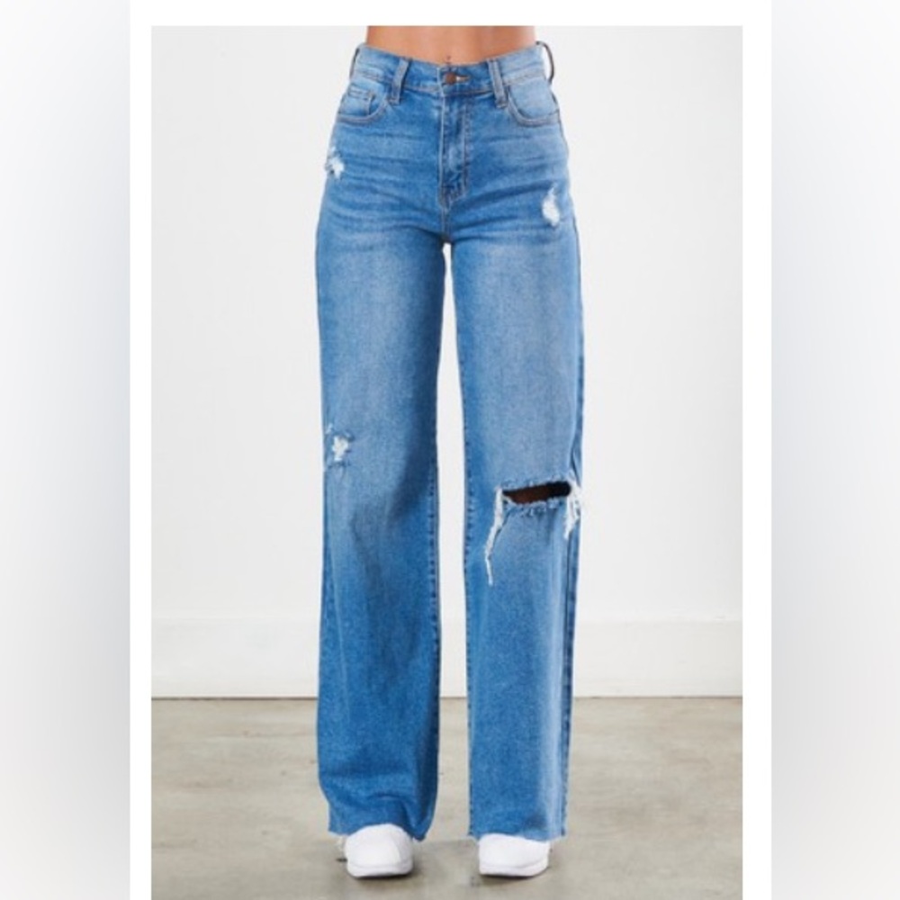 Trendy Blue Distressed Wide Leg Jeans